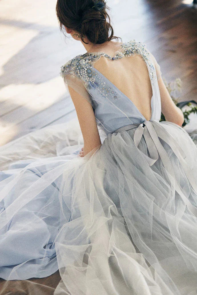 Vestidos formales para mujer, elegantes, azules, bonitos, de corte A, largos, sin espalda, con cuentas, para fiesta de noche formal.